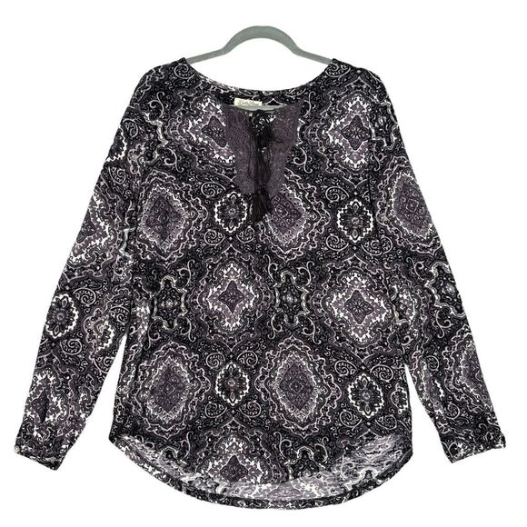 Lucky Brand Black Purple Paisley‎ Lace Tassel Tie Peasant Blouse Size Large - Picture 1 of 13